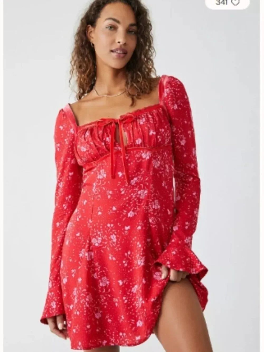 Like New! FREE PEOPLE Tess Mini Dress Red Floral Velvet Trim Size S